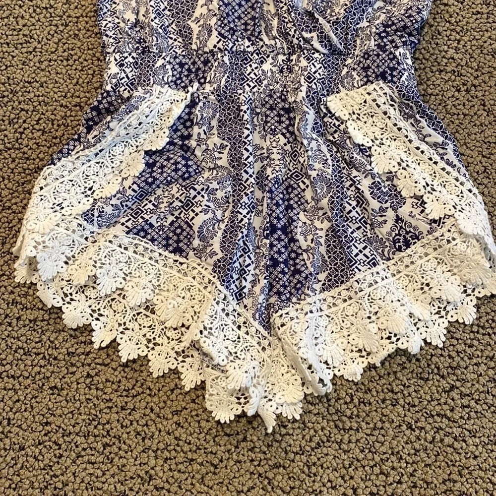 Vintage Havana Blue & White Romper w/ Lace Size Girls Large (14) Like New